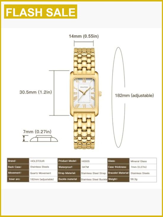 Gold Rectangular Bracelet Watch Quartz Water Resistant with Strap Tool main image 6